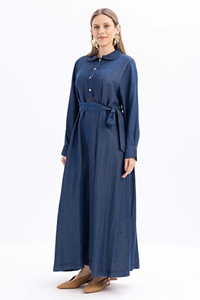 İDOL GİYİM 100% Tencel Half-Pleated Belted Denim Dress Relax Fit Long Dress
