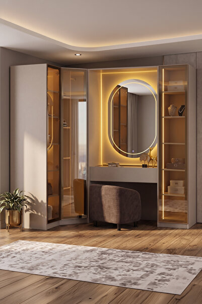 Eymense Lora Camlı Gardırop %100 MDF Makyaj Üniteli Puflu Köşeli Modüler Giyi...