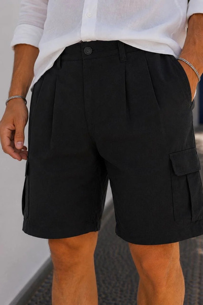 MADZEYMODA Muške plisirane crne muslinske kratke hlače sa cargo džepovima LS-...