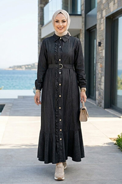 Hb Harma Time Butik Women's Ruffle Detailed Buttoned Belted Denim Black Dress