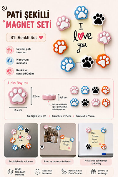 Tovo Craft 8'li Kedi Patisi Magnet Seti – Neodyum Mıknatıslı Renkli Buzdolabı...