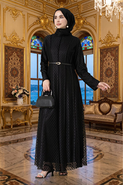 Sevitli Piping Detailed Belted Lace Hijab Dress-Black