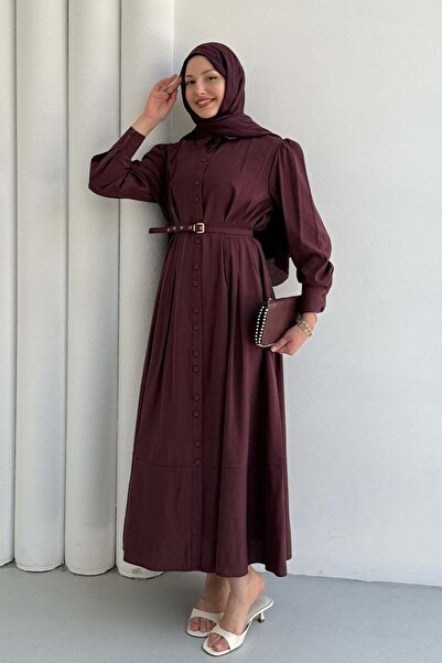 Modaensarbutik Bel Pens Detaylı Boydan Düğmeli Tesettür Elbise-BORDO