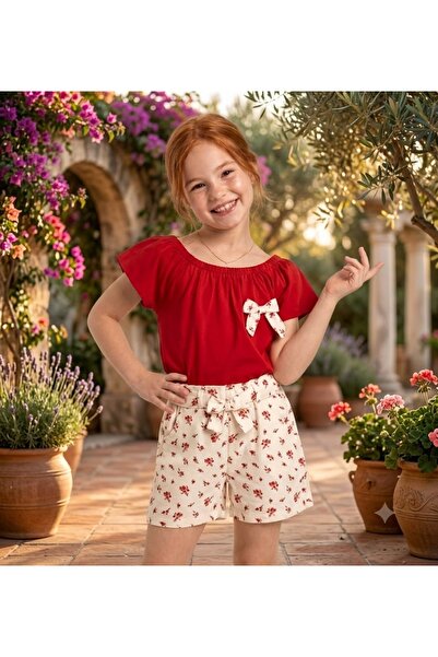 Erca Home Tekstil Ürünleri Flower-Patterned Bow-Decorated Girls' Set Red 6/10Y