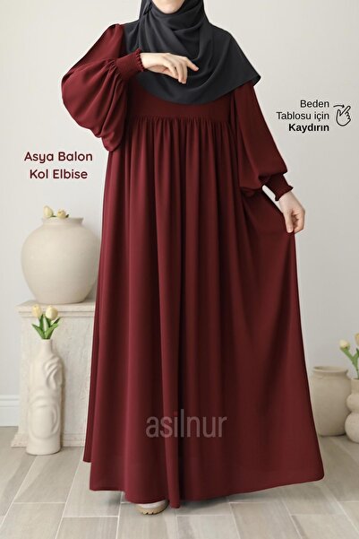 ASİLNUR Asya Balon Kol Elbise Bordo