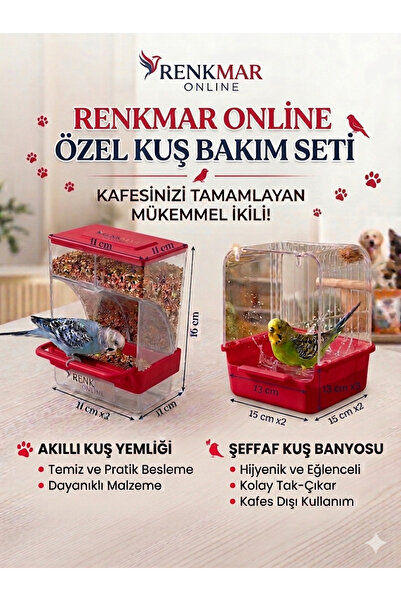 renkmar Kırmızı akıllı yemlik kırmızı banyoluk muhabbet kanarya ispinoz vb ku...