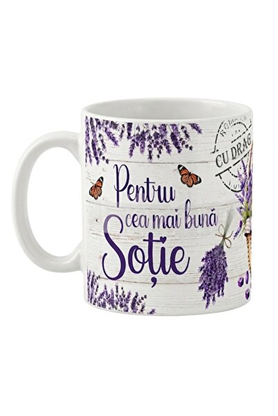 LimArt Cană ceramică personalizată, model cu lavandă și fluturi, 350 ml, "Pen...