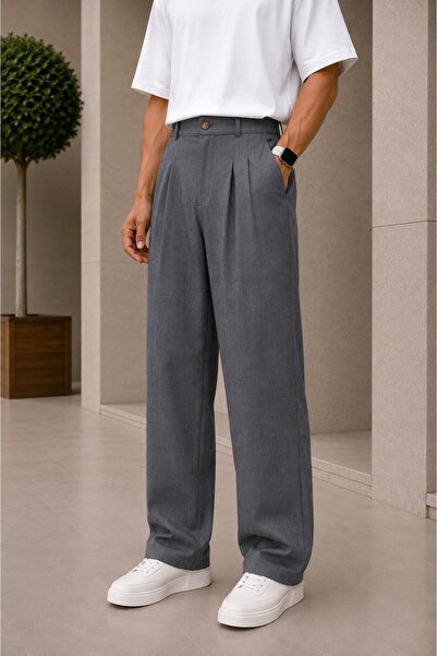 Ser Joven Men's Smoked Baggy Fit Relaxed Fit Pleated Fabric Trousers