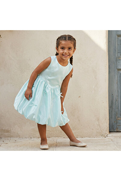 Juniors Round Neck Sleeveless Knee Length A-line Dress with Bow Accent