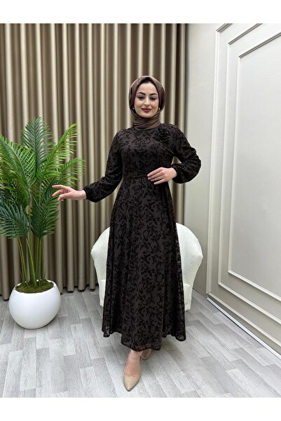 azeldembutik Kadın Astarlı Gül-Kemer Detyalı Elbise 50 Beden Kadar