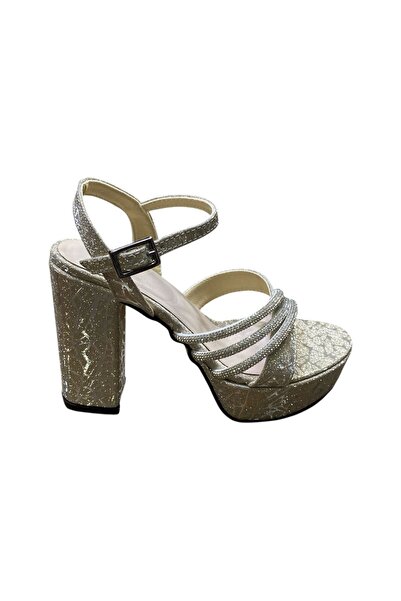 Yaren Moda Women's Thick Platform Heel Glittery Stone Evening Dress Summer Shoes