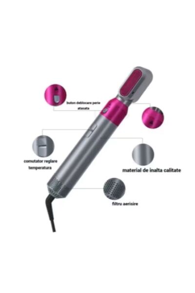 OEM Perie electrica de par 5 in 1 Lotfi, cu turmalina ceramica, ionizare negativa, 3 setari de temperatura cu aer cald si rece, potrivit pentru orice lungime si tip de par, 1000W, culoare negru si roz