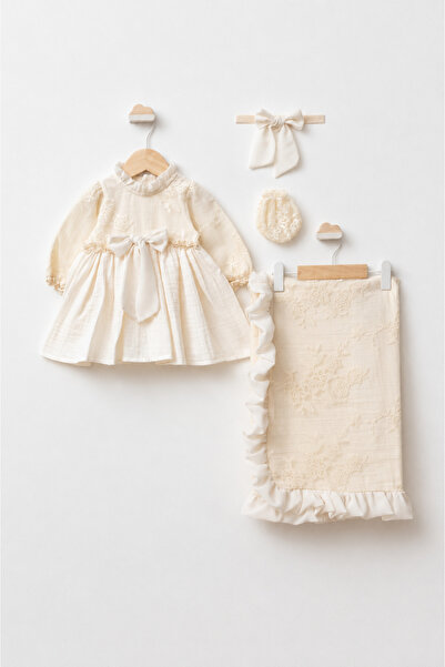 Pugi Baby Muslin Lace Detailed Baby Girl Dress Bandana Blanket Set