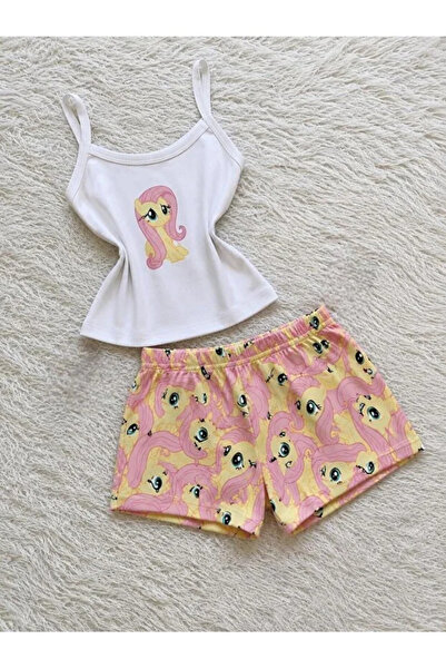 Violon Little Pony Patterned Stylish Yellow Crop Top & Shorts Set with Straps