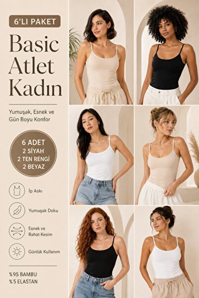 Loule Kadın İp Askılı %95 Doğal Bambu Esnek 6'lı Basic Atlet - Yumuşak Dokulu...