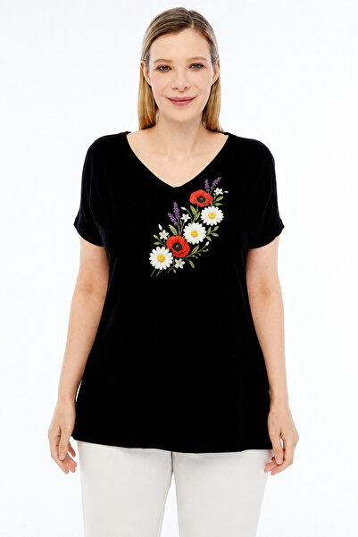 Curvy Trend Plus Size Daisy and Cornflower Printed V-Neck Short Sleeve Side S...