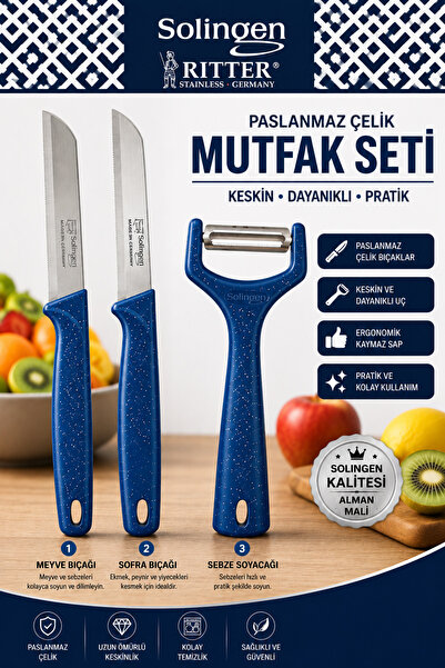 Solingen Ritter 3'lü Paslanmaz Çelik Mutfak Seti Mavi