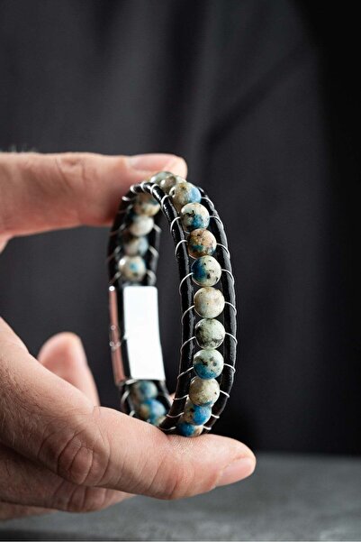 Nereze Chrome Plated 8 mm Blue Ceyd Natural Stone Men's Leather Bracelet