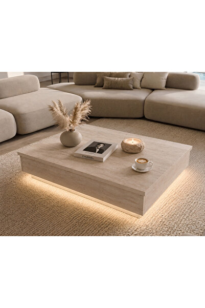 Misterium Perla LED Işıklı 90X75 Orta Sehpa - Traverten Doku - Mermer desen