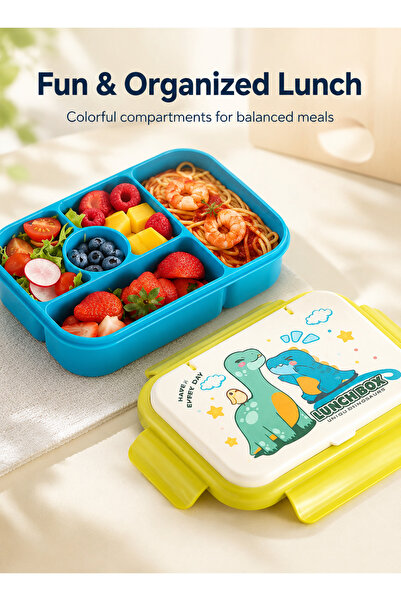 Pomefar Cartoon Dinosaur Kids Bento Lunch Box, 5 Compartments with Built-In S...