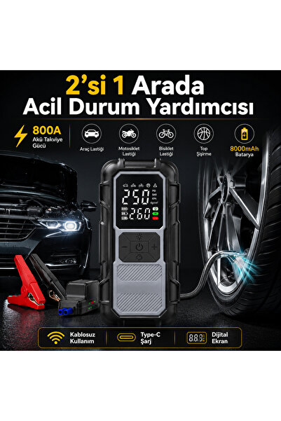 SMAYLİNG Kablosuz Lastik Şişirme Kompresörü ve Akü Takviye Cihazı 800A, 8000m...