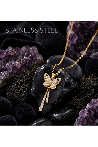 stainless steell Vi̇p Gold Color Butterfly Model Long Shiny Steel Necklace wi...