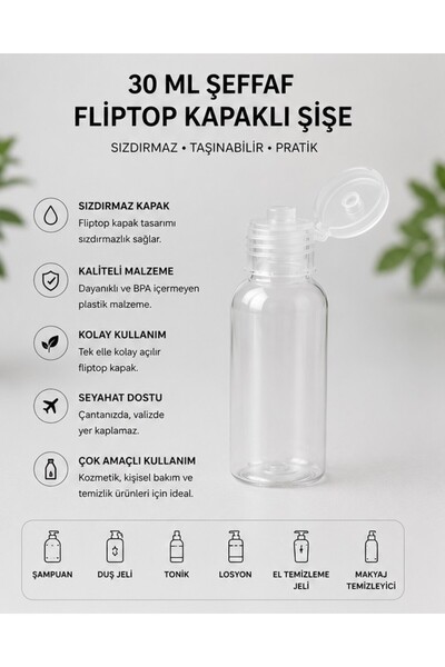 Kozpak Tekli 30 ml Şeffaf Flip Top Kapaklı Plastik Şişe - Seyahat, Kozmetik v...