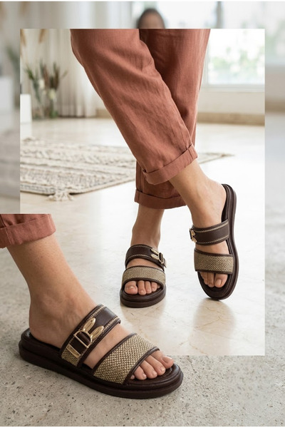 Suuet Redinya Women's Slippers with Double Straps and Buckle, Flat Sole, Leather