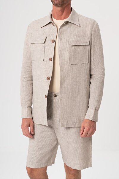 Velvarde Linen Beige Striped Single Jacket