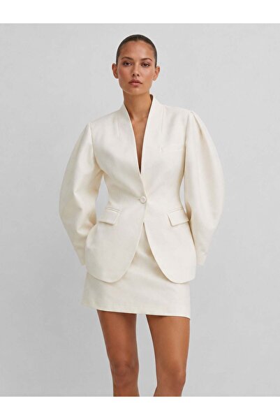 RİVUS High Collar Stylish Jacket with Balloon Sleeves and Pockets - White