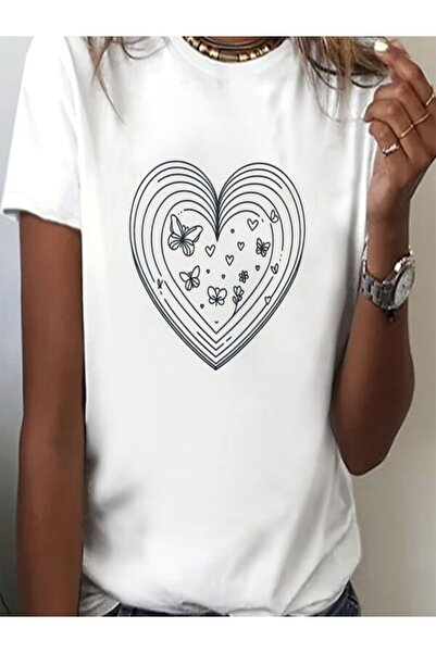 COZYWEAR Heart and Butterfly Patterned White T-Shirt