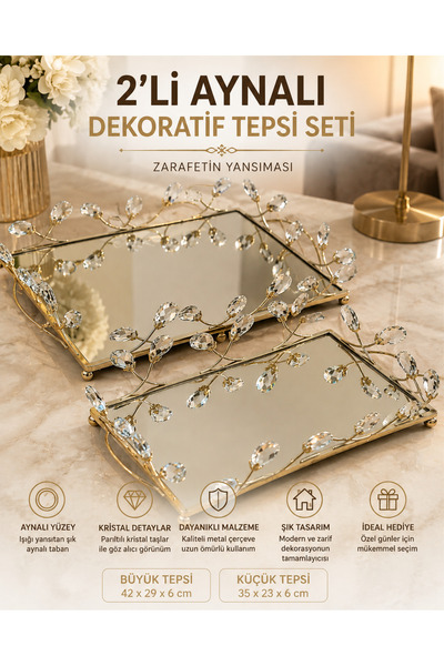 zaTen Pazar 2'li Aynalı Dekoratif Tepsi Seti Kristal Taş Detaylı Gold Metal S...