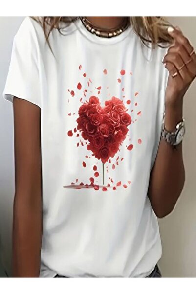 COZYWEAR Heart Shaped Red Rose Printed T-Shirt