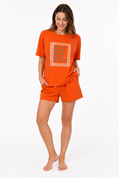 Tusebu Organic Cotton Orange Printed Women's Shorts Pajama Set