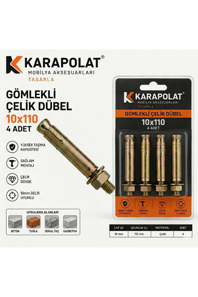 KARAPOLAT Gömlekli Çelik Dübel 4 Adet M10x110 Mm Raf Montaj Bağlantı Zemin Mo...