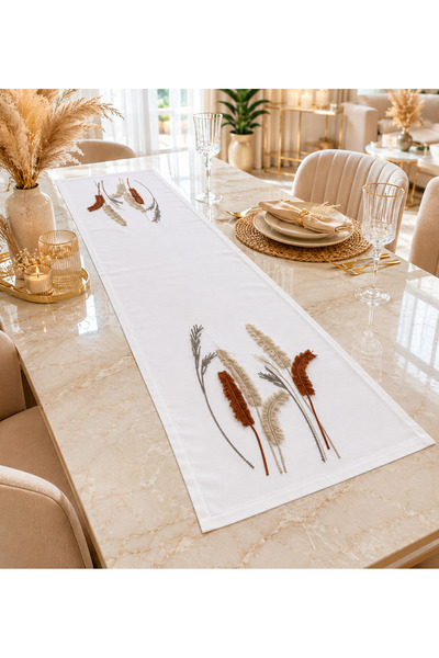 desicap Bohemian Embroidered White Runner 38X138 cm |   Fabric Tablecloth |  ...
