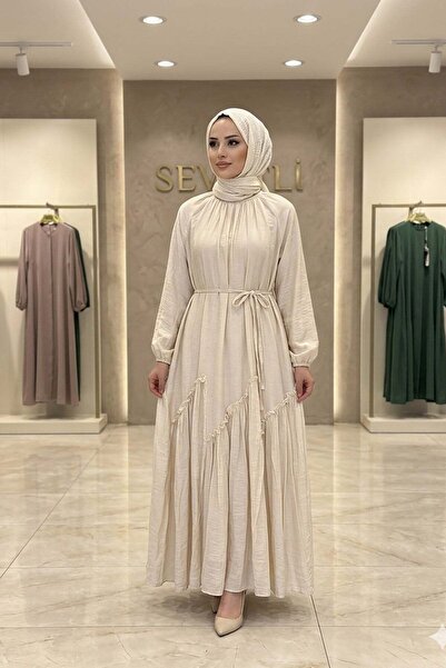 Sevitli Mira Hijab Dress with Gathered Skirt Detail-Beige
