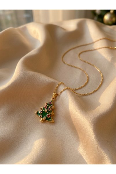 U&Gi Moda قلادة نسائية من الفولاذ المقاوم للصدأ مع شكل شجرة عيد الميلاد وتفاصيل من الحجر الملون