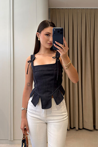 MAGARDE Strappy Tie-Up Corset Denim Blouse - Dark Blue