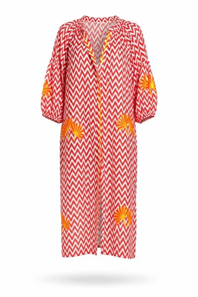 5in1Canpolat Red Patterned Dress with Embroidery Detail 39960