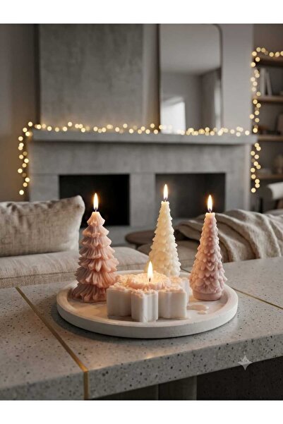 SCA CANDLE Dekoratif mum Çam ağacı Yeni yıl Yeniyıl desenli +Tepsi+Kar model ...