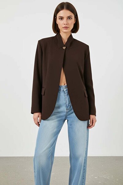 ALFA AKSESUAR 03 Women's High Collar Oversize Cut Buttoned Brown Jacket