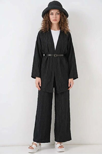 ALFA AKSESUAR 03 Women's V-Neck Standard Belted Black Two-Piece Suit