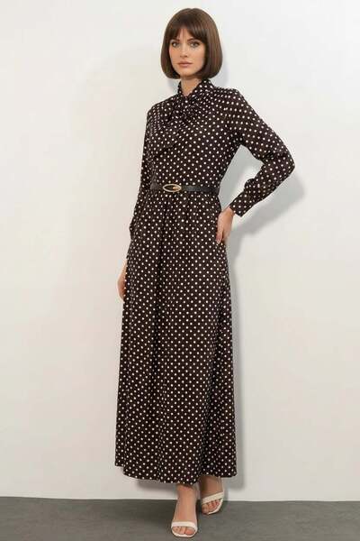 Generic Brand Women's Scarf Collar Belted Polka Dot Brown Hijab Dress