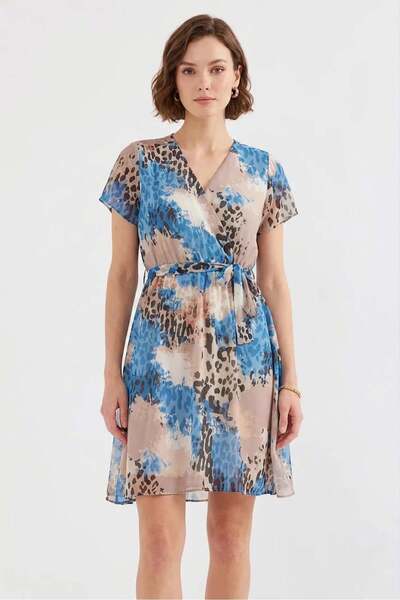 Generic Brand Women's Short Sleeve Belted Patterned Chiffon Blue Dress