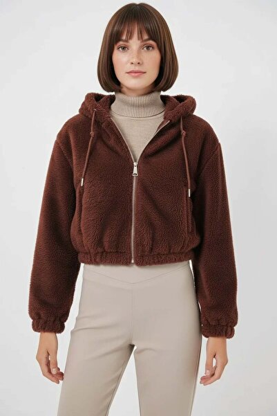 ALFA AKSESUAR 03 Women's Hooded Cropped Brown Jacket