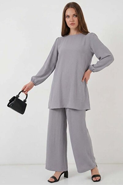 ALFA AKSESUAR 03 Women's Round Neck Gathered Waist Gray Suit
