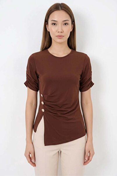 Generic Brand Women's Round Neck Button Detailed Gathered Sleeve Brown Blouse
