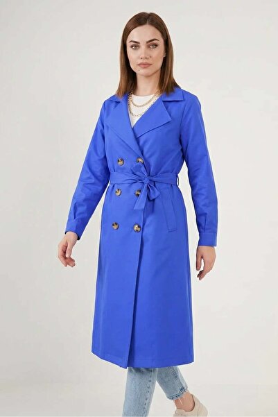 ALFA AKSESUAR 03 Women's Double-Breasted Collared Belted Saks Trench Coat