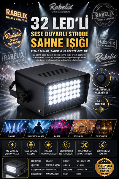 Rabelix Online Marketing 32 LED'li Sese Duyarlı Strobe Sahne Işığı Ayarlanabi...